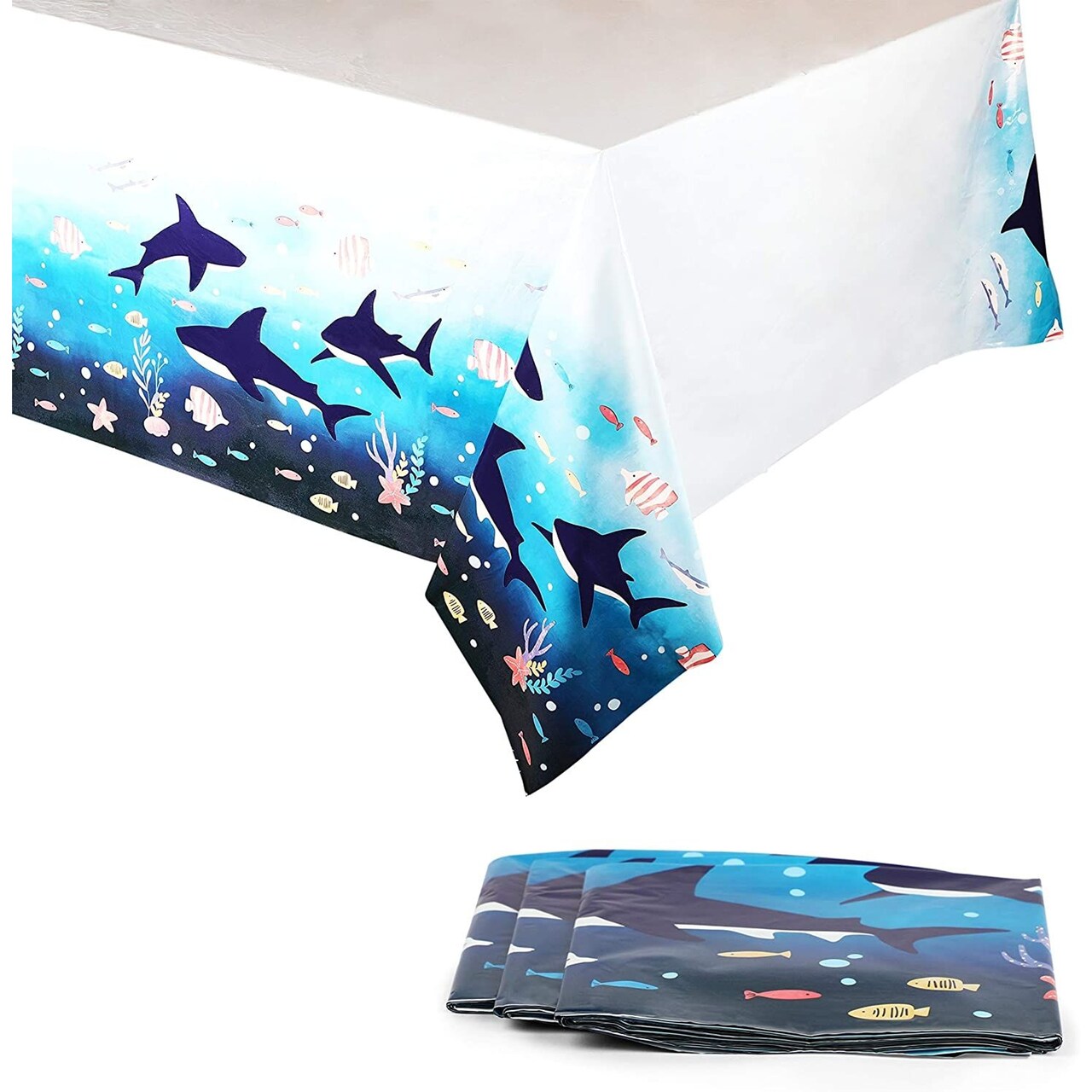 3 Pack Shark Themed Under The Sea Tablecloth, Disposable Table Cover for Parties (54 x 108 In)